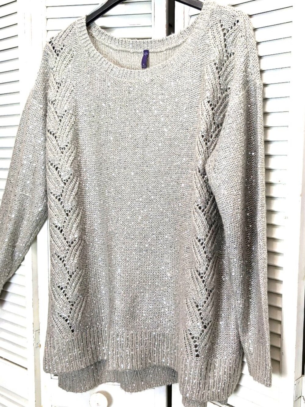 NYDJ Crewneck Tunic Sweater Gray Silver Sequins XL Pullover Long Sleeve Party
